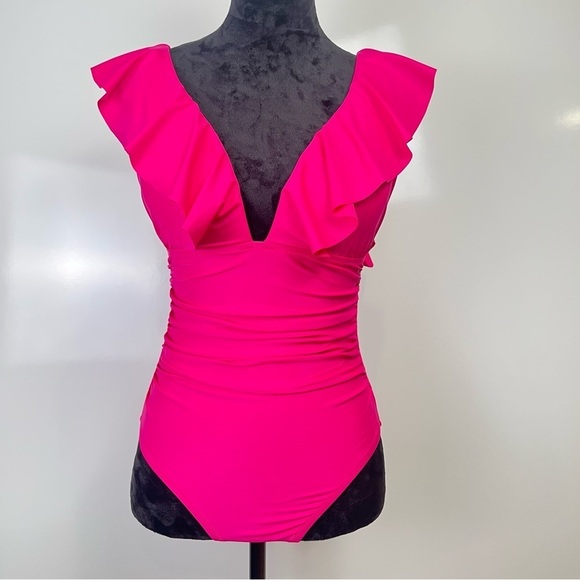 J Crew Ruched Ruffle One-piece Swimsuit Hot Pink Fuschia - Picture 1 of 8